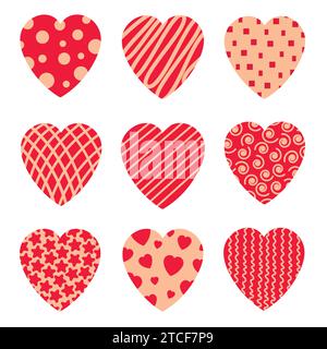 Herzset mit verschiedenen Prints. Pudrige Farbe. Flache isolierte Abbildung. Design für Postkarte, Einladung oder Banner Stock Vektor