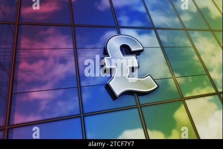 Pound Sterling UK GPB Glas Gebäudekonzept. Britisches Money Banking und GB Economy Symbol auf der 3D-Illustration der Vorderfassade. Stockfoto