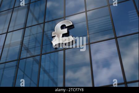 Pound Sterling UK GPB Glas Gebäudekonzept. Britisches Money Banking und GB Economy Symbol auf der 3D-Illustration der Vorderfassade. Stockfoto