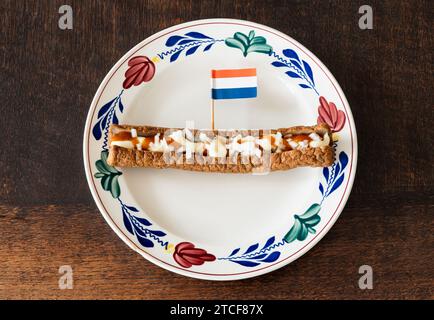 Frikandel Speciaal, ein traditioneller holländischer Fast Food Snack, bestehend aus Hackfleischwurst, Mayonnaise, Curry und gehackten rohen Zwiebeln Stockfoto