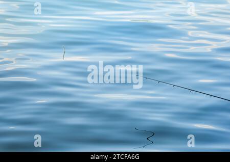 Eine Monofilament-Angelschnur auf einem Angelrutenring gegen blaues Wasser. Fischen von Fleiß oder Bobber an der Wasseroberfläche. Stockfoto