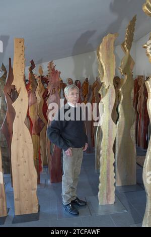 Giovanni Borgarello Künstler und Holzskulpturen. Giovanni Borgarello, geboren 1950 in Cambiano - Turin Italien, schloss sein Studium an der Liceo Artistico und der Accademia Albertina di Belle Arti in Turin ab. Er lebt in seinem Museumsstudio Via de Gasperi, 37 - 10020 Cambiano (to) zwischen den majestätischen Monumenten und Marmor von Carrara und dem Duft exotischer Hölzer, die in einzigartige und originelle künstlerische Objekte verwandelt werden. Er war ein Schüler von Sandro Cherchi. Stockfoto