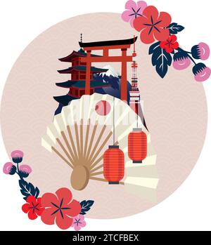 Farbiges traditionelles japanisches modernes Szenario mit Gebäuden Vektor Stock Vektor