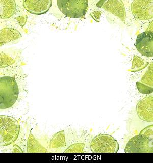 Saftige, reife Limetten mit Spritzern Zitrussaft. Quadratischer Rahmen isoliert auf weiß. Kopierbereich für Text. Botanische Illustration des Sommers mit Aquarell. Für Menü Stockfoto