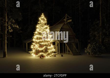 Winter verschneite Waldhaus in der weihnachtsnacht - 3D Illustration Stockfoto