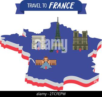 Isolierte Karte von Frankreich mit verschiedenen berühmten Wahrzeichen Vektor Stock Vektor