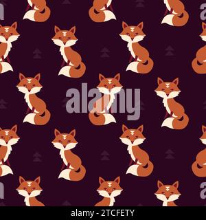 Niedliche Füchse und Waldpflanzen Elemente. Wildes Tier im Wald. Lila und oranges Wiederholungsmuster für Tapeten und Stoffhintergrund. Stock Vektor