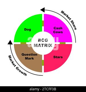 Diagramm des BCG Matrix Konzeptes mit Schlüsselwörtern. EPS 10 isoliert auf weißem Hintergrund Stock Vektor