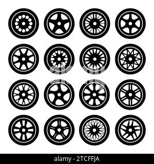 Symbole für Felgen im Auto gesetzt. Kfz- und andere Kfz-Ersatzteile Scheibenfelgen mit Reifensilhouette. Reparaturwerkstatt oder Servicewerkstatt. Vektorabbildung Stock Vektor
