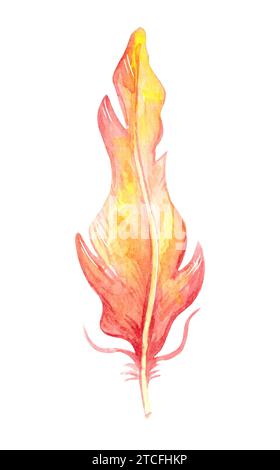 Handgemalte Aquarellfarbe Vogelfeder rote Farbe, Nahaufnahme isoliert auf weißem Hintergrund. Kunst-Scrapbook-Element, Skizze, handgezeichnet. Stockfoto