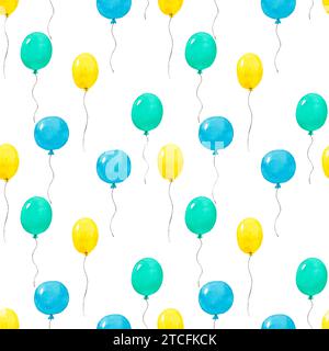 Nahtloses Muster Wasserfarben gelb, blau, grüne Ballons isoliert auf weißem Hintergrund. Handgemalte Aquarellillustration. Kunstdruck für Hochzeit Stockfoto