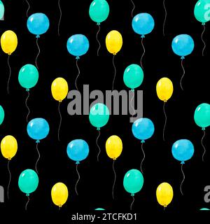 Nahtloses Muster Wasserfarben gelb, blau, grüne Ballons isoliert auf schwarzem Hintergrund. Handgemalte Aquarellillustration. Kunstdruck für Hochzeit Stockfoto
