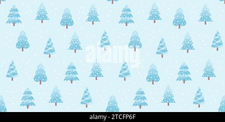 Nahtloses Muster mit blauen Weihnachtsbäumen auf pastellblauem Hintergrund. Illustration des flachen Vektors Stock Vektor