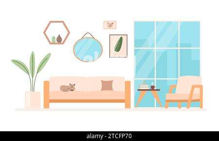 Wohnraum, Ruhebereich mit Sofa, Sessel, Katze, Bücher mit einer Tasse Tee oder Kaffee und Fenster mit Blick auf die Stadt. Niedliche Vektor-flache Zeichentrickillustration Stock Vektor