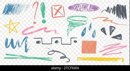 Holzkohlestift lockige Linien und Quietschen. Farbige Freihandkreide, strukturierte Striche, Raster, Sterne, Kreuz, Markierungen, abstrakte Kritzeleien und Swirl-Set. Handzeichnung in hellen Farben mit Kohle oder Kreide. Stock Vektor