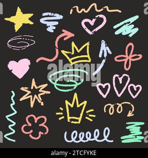 Pinsel mit Buntstift handgezeichnete Striche Set. Herz-, Stern- und Blütenform, Kreidepfeile, Wellenlinien Skizzenelemente. Stock Vektor