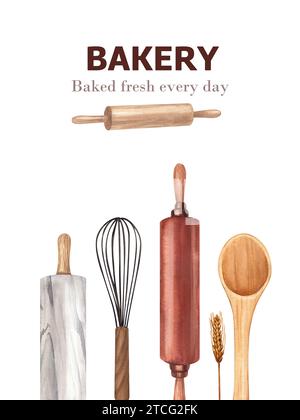 Küchenutensilien, Sammlungsutensilien zum Kochen und Backen, Schaufel, Holzlöffel, Marmor-Rollstift und Schneebesen. Handgezeichnetes Aquarell Stockfoto