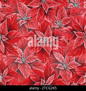 Nahtloses Weihnachtsmuster mit Weihnachtsstern, handgemalte Aquarellillustration. Blumenillustration für Weihnachten, Neujahrsdekoration Stockfoto