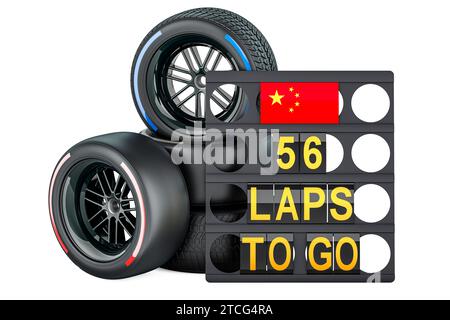 Chinesisches Rennen, Boxbrett mit Flagge von China und Rennräder mit verschiedenen Verbundreifen. 3D-Rendering isoliert auf weißem Hintergrund Stockfoto