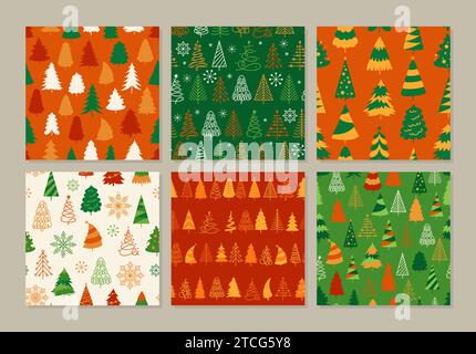 Set mit trendigem Weihnachtsbaummuster. Neujahr und Weihnachten traditionelles Symbol trendiger grenzenloser Hintergrund. Noel Kiefernholz endloses Design für Papierdruck, Textilgewebe und Backdrop-Schablone Stock Vektor
