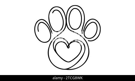 Herz mit Katze oder Hundepfote in durchgehender einzeiliger Zeichnung Logo. Minimal Line Art. Tierdruck im Herzen. PET Love-Konzept. Stock Vektor