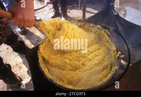 Tutana, Landkreis Arges, Rumänien, 2000. Frau, die draußen Polenta vorbereitet, über Feuer, in einem großen Kessel. Stockfoto