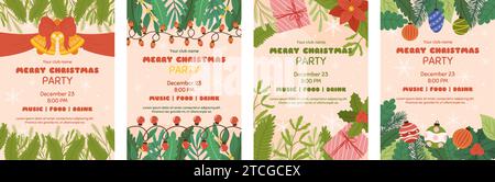 Weihnachtsposter-Vorlage mit Kopierraum, Einladung zur Weihnachtsfeier. Vertikaler Flyer mit Glocke mit roter Schleife und Band, Fichtenzweig verziert Stock Vektor