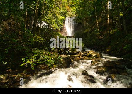 Im Unicoi State Park in der Nähe von Helen in Georgia, USA, blickt man auf den Wasserstrom, der an Felsen und Wäldern vorbei strömt Stockfoto