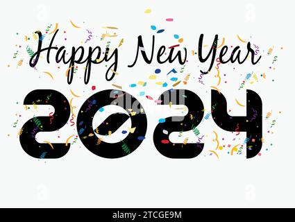 Happy New Year 2024 Vektor Typografie mit etwas Feier auf der Rückseite auf weißem Hintergrund Vorlage für Banner, Karte und Poster Stock Vektor