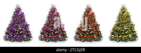 Weihnachtsbäume, dekoriert in verschiedenen Farben isoliert auf weiß, Sammlung Stockfoto