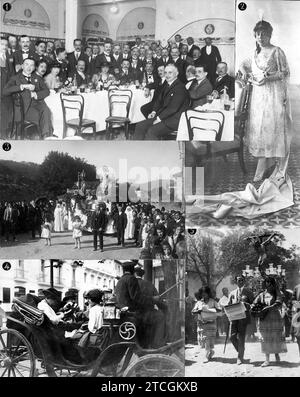 07/31/1918. Grafische Verschiedenheit der Nachrichten. 1.-der deutsche Botschafter, Prinz von Ratibor (X), mit seinen Töchtern und der deutschen Kolonie in Santander, während des Abschiedsmahls, mit dem er sie übergab. 2.-Miss Inkarnation Pastor, Königin der Blumenspiele von Aspe (Alicante). 3.-Prozession der Jungfrau der Barmherzigkeit in Escoriaza (Guipúcoa). 4.-der ehemalige französische Minister M. Malvy und seine Familie in San Sebastian. 5.-Prozession des Heiligen Christus der Gesundheit bei den Feierlichkeiten, die in Las Navas del Marqués gefeiert werden. Foto: Torres, Gullon. Quelle: Album / Archivo ABC / Martín,Samot,Indalecio Ojanguren Stockfoto