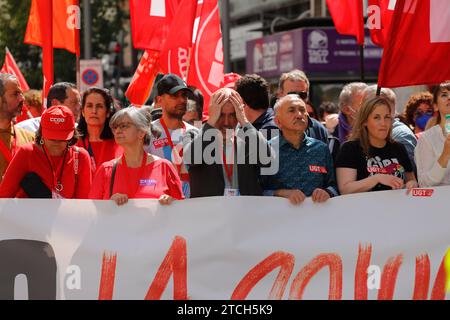 Madrid, 05.01.2022. Gran Vía. Mai-Demonstration von UGT und CC.OO. Die wichtigsten Staats- und Regierungschefs der union und mehrere Minister nehmen an der Konferenz Teil. Foto: Guillermo Navarro. ARCHDC. Quelle: Album / Archivo ABC / Guillermo Navarro Stockfoto