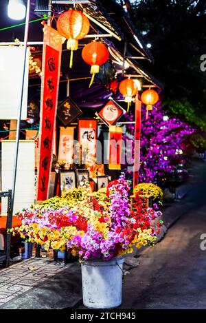 Nha Trang, Vietnam - 13. Januar 2023 viele Dekorationen und Blumen als Symbol des Reichtums auf dem Markt für Tet Lunar Silvester Stockfoto