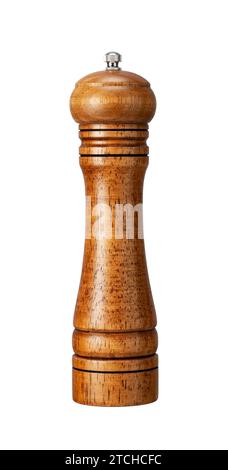 Hölzerne Pfeffermühle auf weißem Hintergrund. Stockfoto