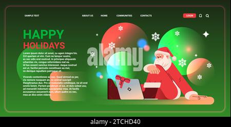 weihnachtsmann in rotem Kostüm sitzt auf dem Boden und benutzt Laptop Happy New Year Frohe christmas Holiday Celebration Konzept Stock Vektor