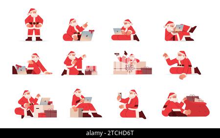 Setzen Sie den weihnachtsmann in rotem Kostüm in verschiedenen Posen ein Happy New Year Merry christmas Holiday fest fest Konzept Stock Vektor