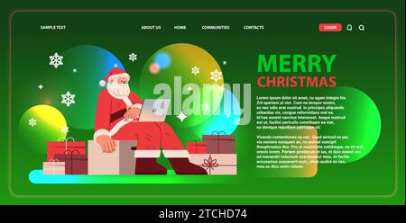 weihnachtsmann in rotem Kostüm sitzt auf Stuhlbox und nutzt Laptop Happy New Year Frohe christmas Holiday Celebration Konzept Stock Vektor