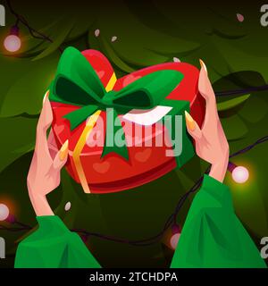 Frauenhände im grünen Pullover halten gewickelte rote herzförmige Geschenkbox mit Band und Schleife vor dem Hintergrund des festlichen Weihnachtsbaums. Weihnachten und Neujahr Gratulation oder Giveaway-Konzept. Stock Vektor