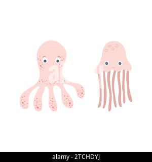 Ein Set niedlicher Meerestiere Quallen und Oktopus. Vektorabbildung. Stock Vektor