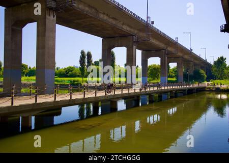 Seoul, Südkorea - 2. Juni 2023: Ein malerischer Winkel, der den ruhigen Tan Stream und seine niedrige Brücke zum Radfahren und Wandern auf grünem Boden festlegt Stockfoto