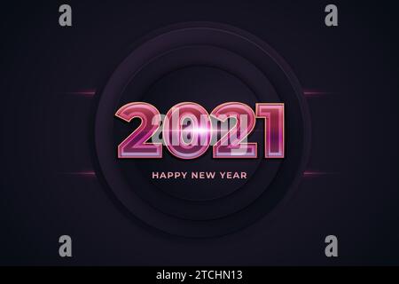 Happy New Year 2021 Banner mit leuchtendem Neontext. Festliches Poster. Moderne Schriftzusammensetzung Stock Vektor