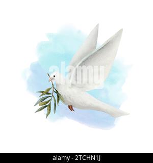 Weiße Taube des Friedens mit Olivenbaumzweig auf pastellblauem Himmel Hintergrund Aquarellillustration. Fliegender Taubenvogel Stockfoto