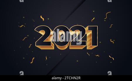 Frohes neues Jahr 2021. Feiertagsvektor mit schwarzen und goldenen 2021 Zahlen. Festliche Designvorlage, Grußkarte, Poster, Banner. Vektorabbildung Stock Vektor