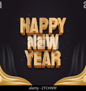 „Happy New Year“-Grußbanner oder -Poster mit 3D-goldenem Text auf schwarzem und goldenem Hintergrund Stock Vektor