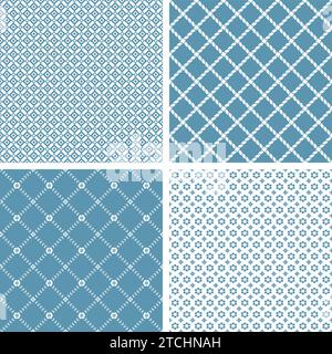 4er-Set mit stilvollem, schlichtem Muster. Ein nahtloser Vektorhintergrund. Weiße und blaue Textur. Stock Vektor