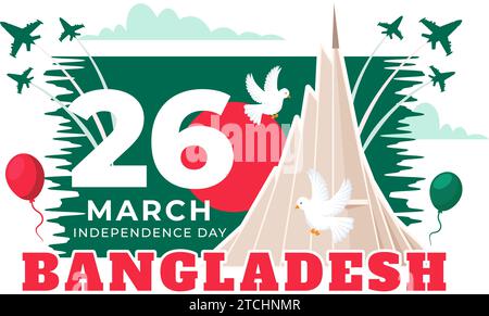 Glücklicher Bangladesch Unabhängigkeitstag Vektor-Illustration am 26. März mit schwenkender Flagge und Nationaldenkmal im Urlaub Flat Cartoon Hintergrund Stock Vektor