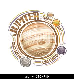 Vektor-Logo für Jupiter, dekorativer kosmischer Druck mit rotierendem Planeten jupiter und Monden, Gasoberfläche mit großem roten Fleck, Kosmo-Abzeichen mit einzigartigem brus Stock Vektor