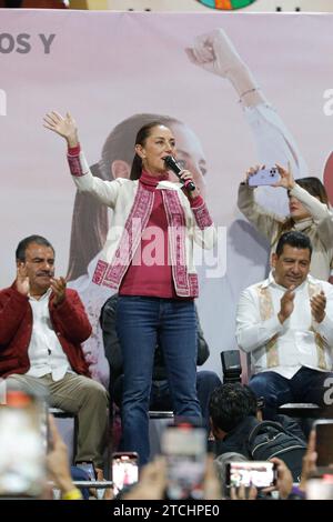 Claudia Sheinbaum, Präsidentschaftskandidat in Tlaxcala 10. Dezember 2023, Tlaxcala, Mexiko: Claudia Sheinbaum, Präsidentschaftskandidatin der Morena Party während ihrer politischen Kundgebung zu den Wahlen in Mexiko auf der Huamantla Plaza de Toros. Tlaxcala Tlaxcala Mexiko Copyright: XEssenexHernandezxxEyepixxGroupx Stockfoto