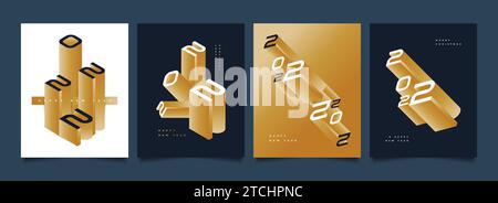 Happy New Year 2022 Poster-Set mit goldenen 3D-Zahlen im abstrakten Konzept. 2022 Designvorlage Für Textnummern. Designvorlage Für Neujahrsfeier Stock Vektor