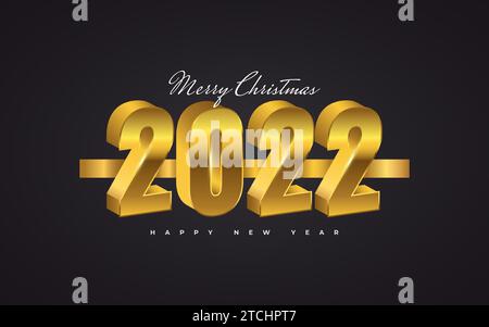 Happy New Year 2022 Banner oder Poster im 3D-Stil in Goldverlaufsform. 2022 Zahlen im 3D Gold Style Stock Vektor